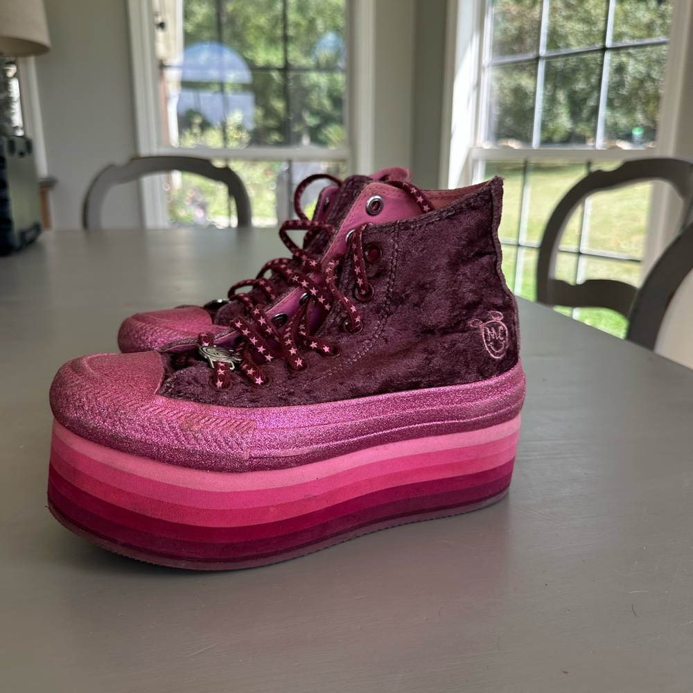 Velvet Platform Sneakers in Burgundy and Pink - Picture 2 of 2